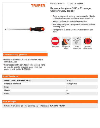 Desarmador plano de 3/8 con barra de 20.32 cm y mango Comfort Grip
