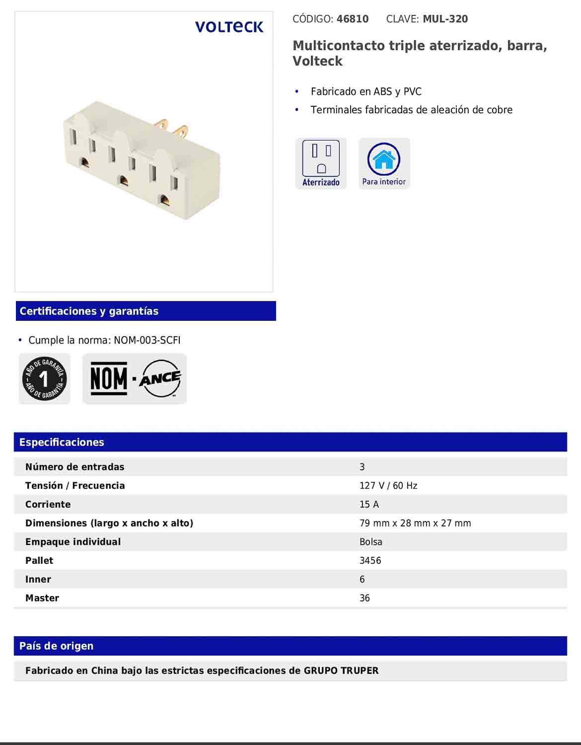 Multicontacto triple aterrizado de 127 V y 15 A con barra