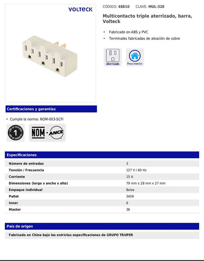 Multicontacto triple aterrizado de 127 V y 15 A con barra