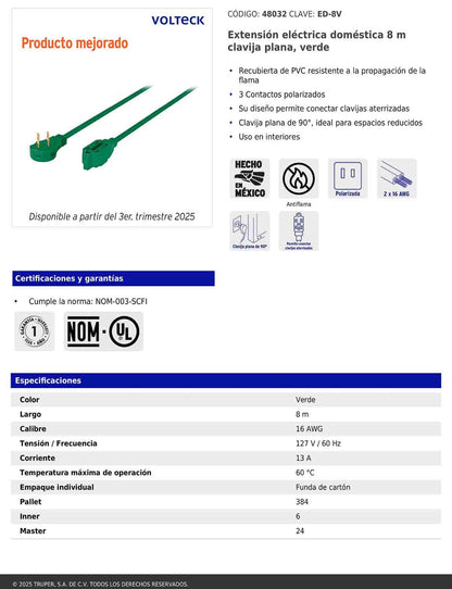 Extensión eléctrica doméstica de 8 m con clavija plana verde