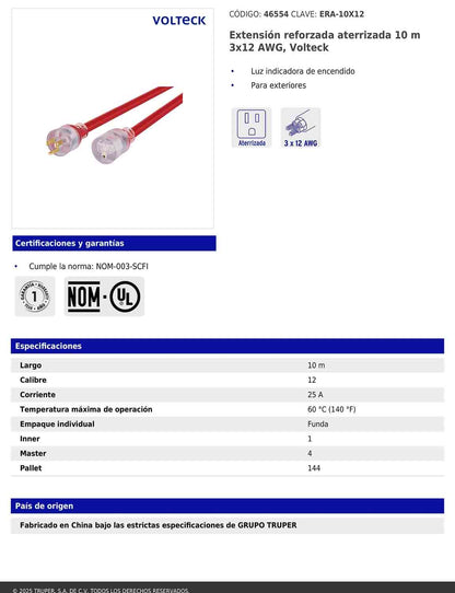 Extensión reforzada aterrizada 10 m 3x12 AWG