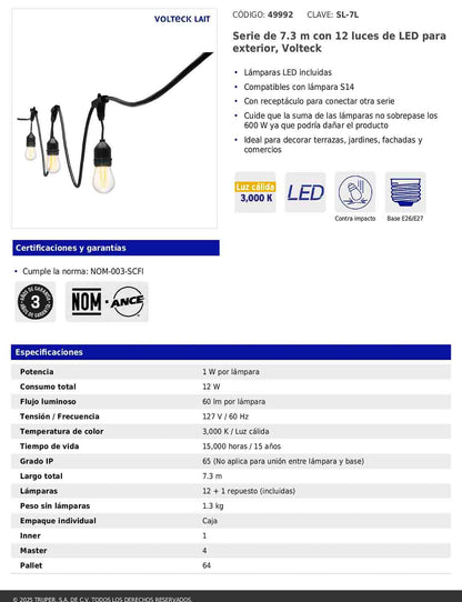 Serie de luces LED de 7.3 m con 12 lámparas para exterior