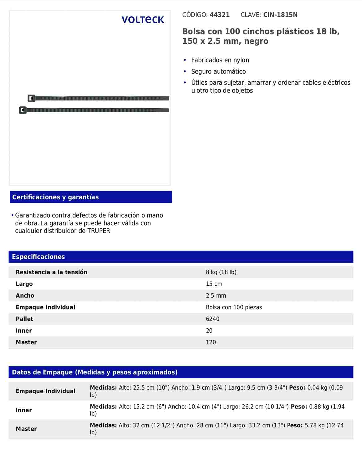 Bolsa con 100 cinchos plásticos 18 lb 150 x 2.5 mm negro