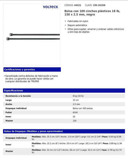 Bolsa con 100 cinchos plásticos 18 lb 150 x 2.5 mm negro