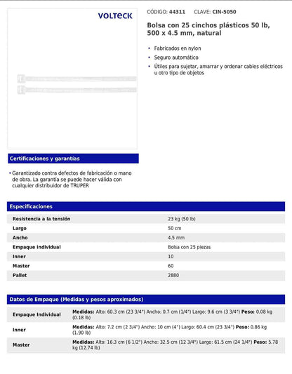 Bolsa con 25 cinchos plásticos de 50 lb de 50 cm de largo y 4.5 mm de ancho en color natural