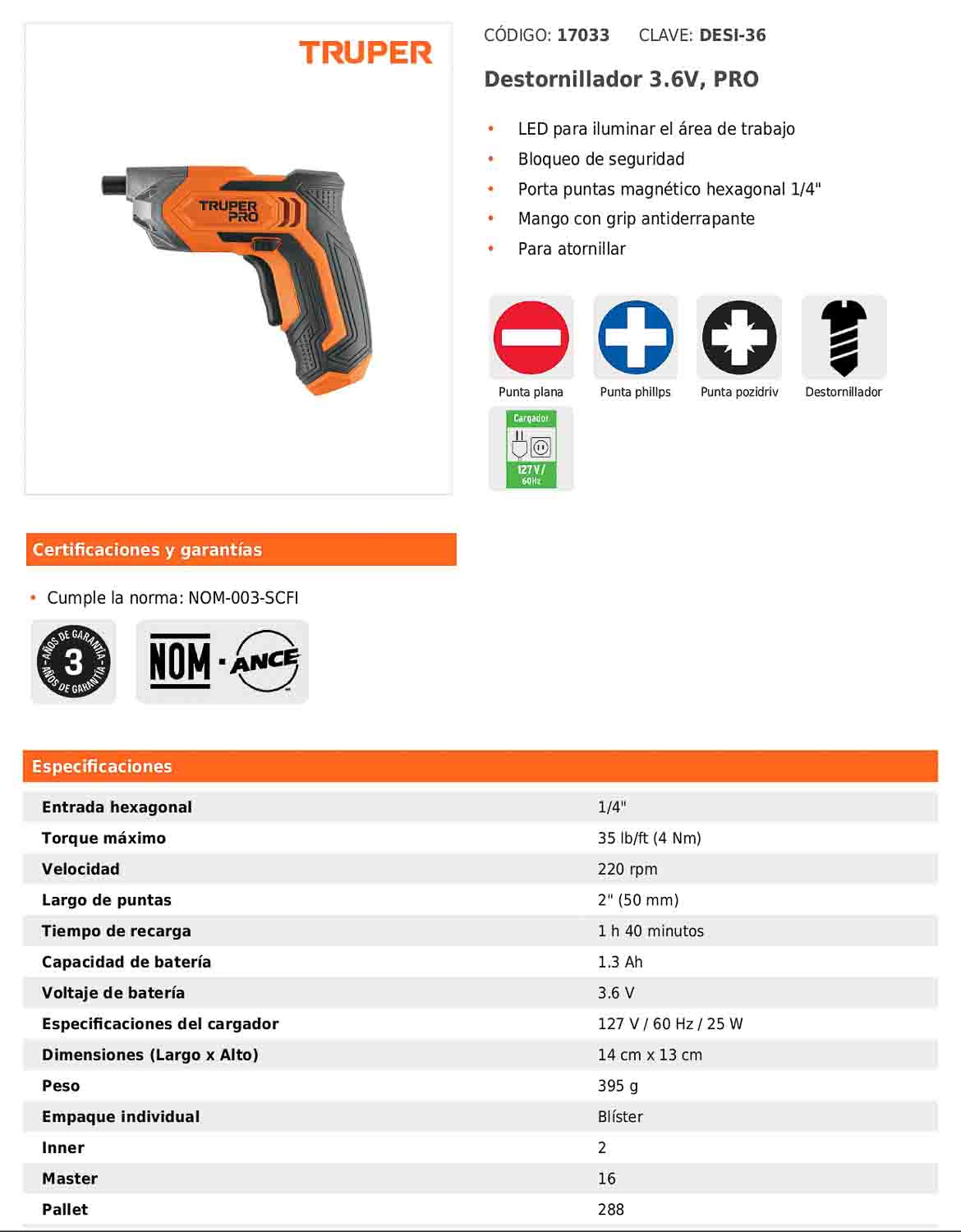 Destornillador inalámbrico de 3.6 V con porta puntas magnético