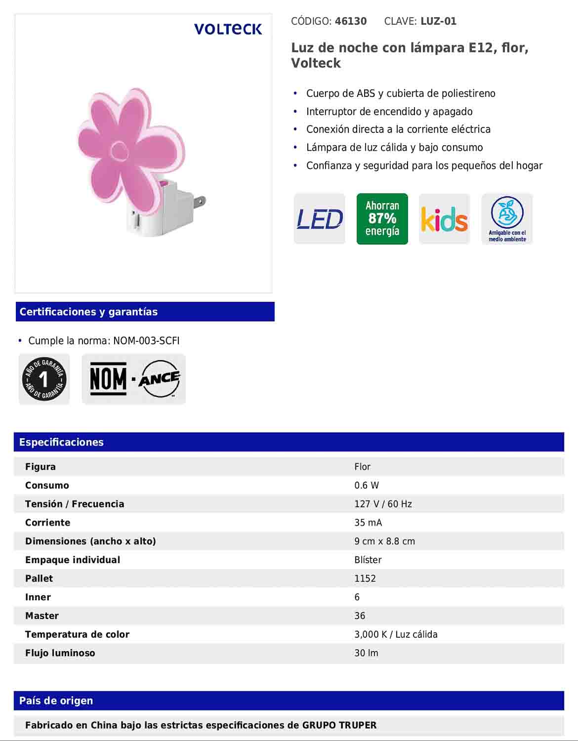 Luz de noche con lámpara E12 con figura de flor