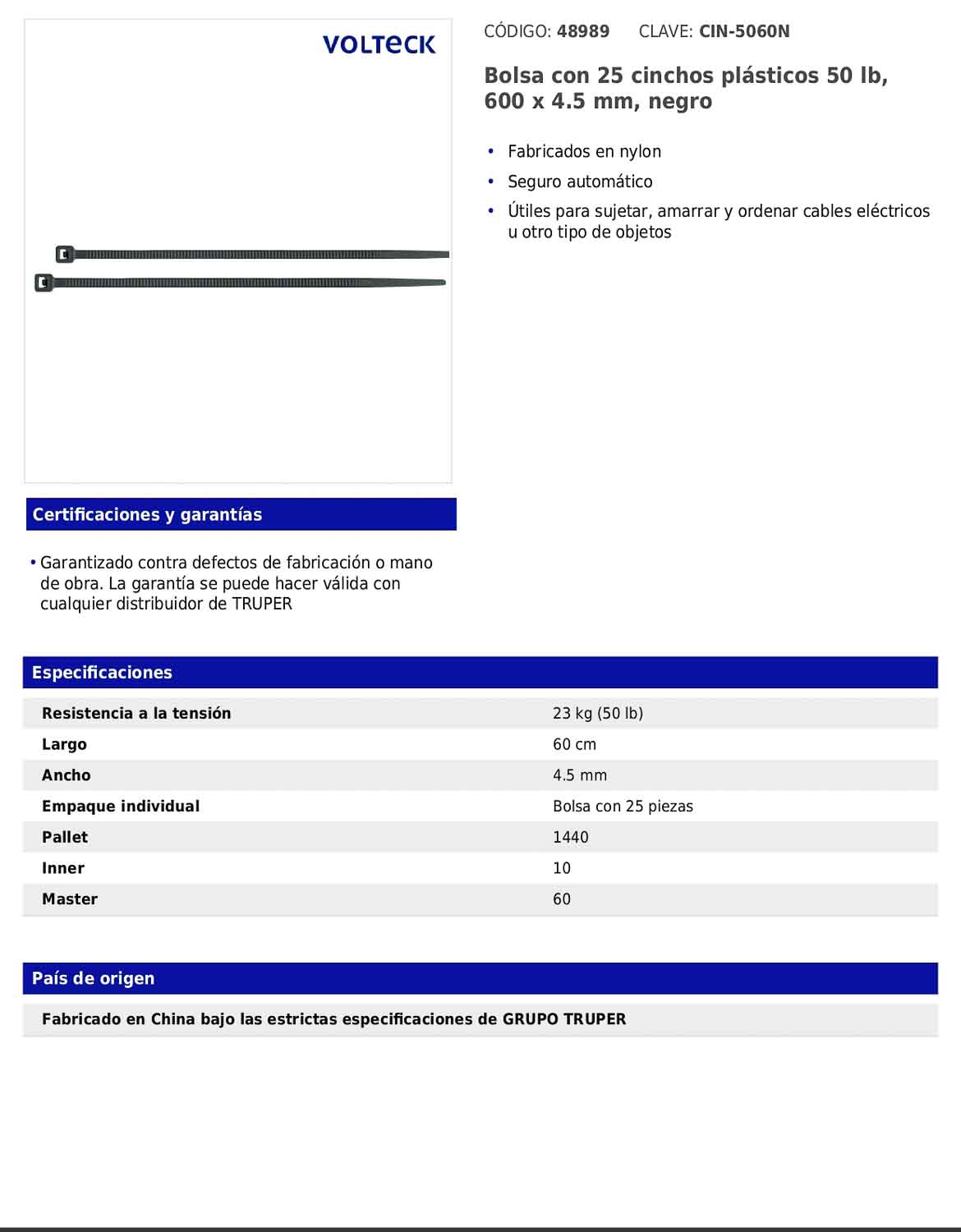 Bolsa con 25 cinchos plásticos de 50 lb de 60 cm de largo y 4.5 mm de ancho en color negro