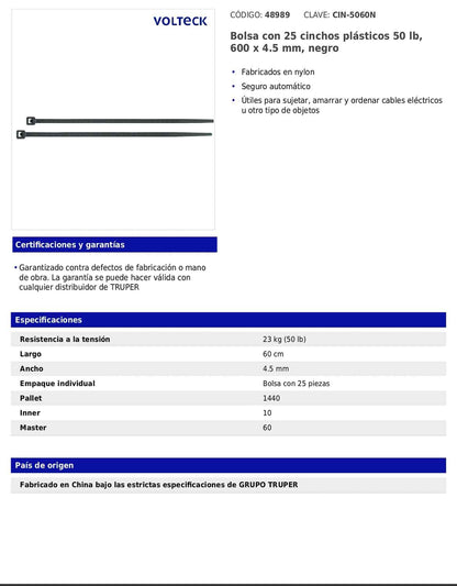 Bolsa con 25 cinchos plásticos de 50 lb de 60 cm de largo y 4.5 mm de ancho en color negro