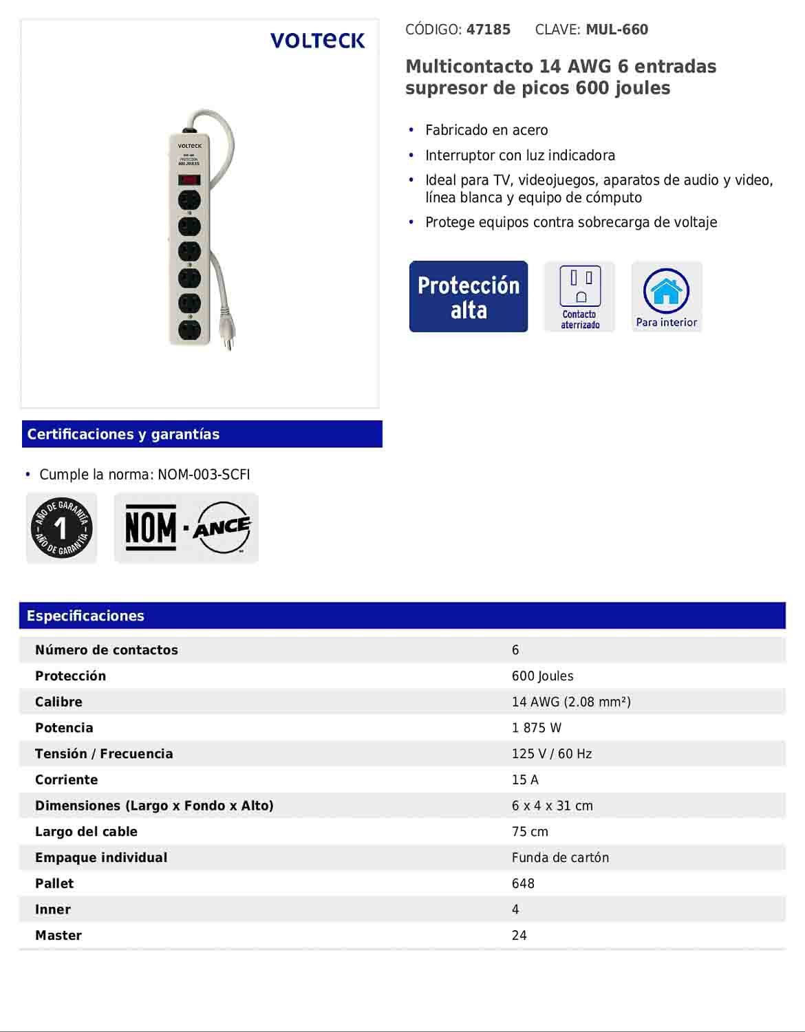 Regleta multicontacto de 6 entradas con supresor de picos de 600 joules