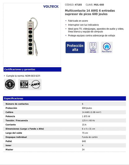Regleta multicontacto de 6 entradas con supresor de picos de 600 joules