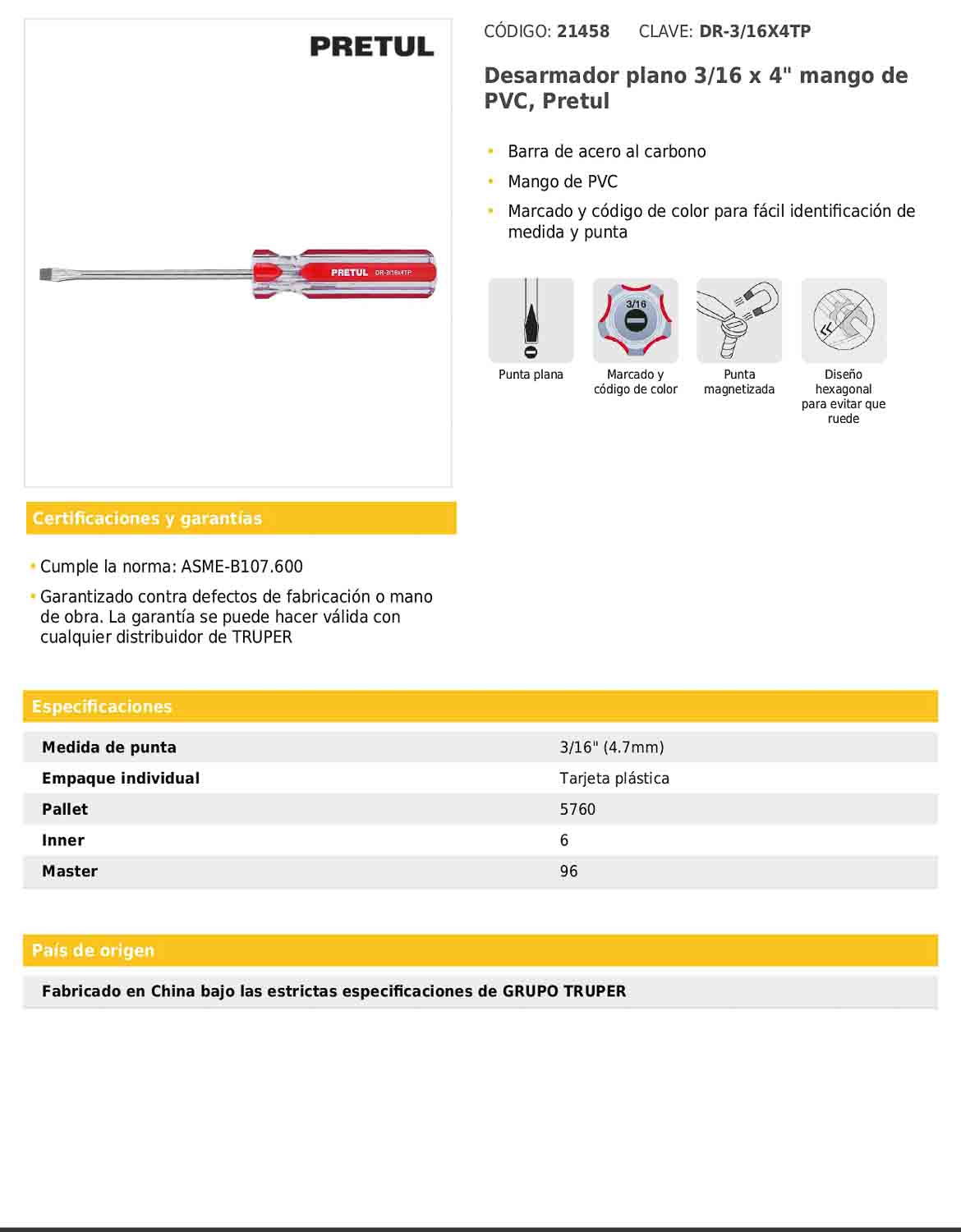 Desarmador plano de 3/16 x 4 con mango de PVC