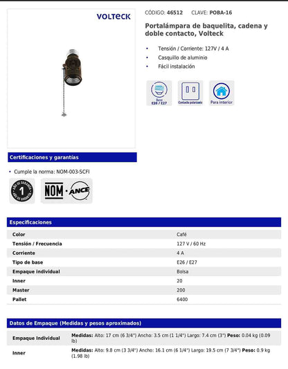 Portalámpara de baquelita con cadena y doble contacto