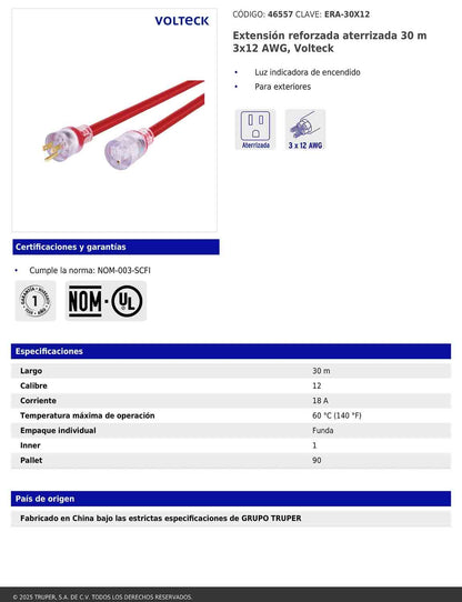 Extensión reforzada aterrizada 30 m 3x12 AWG