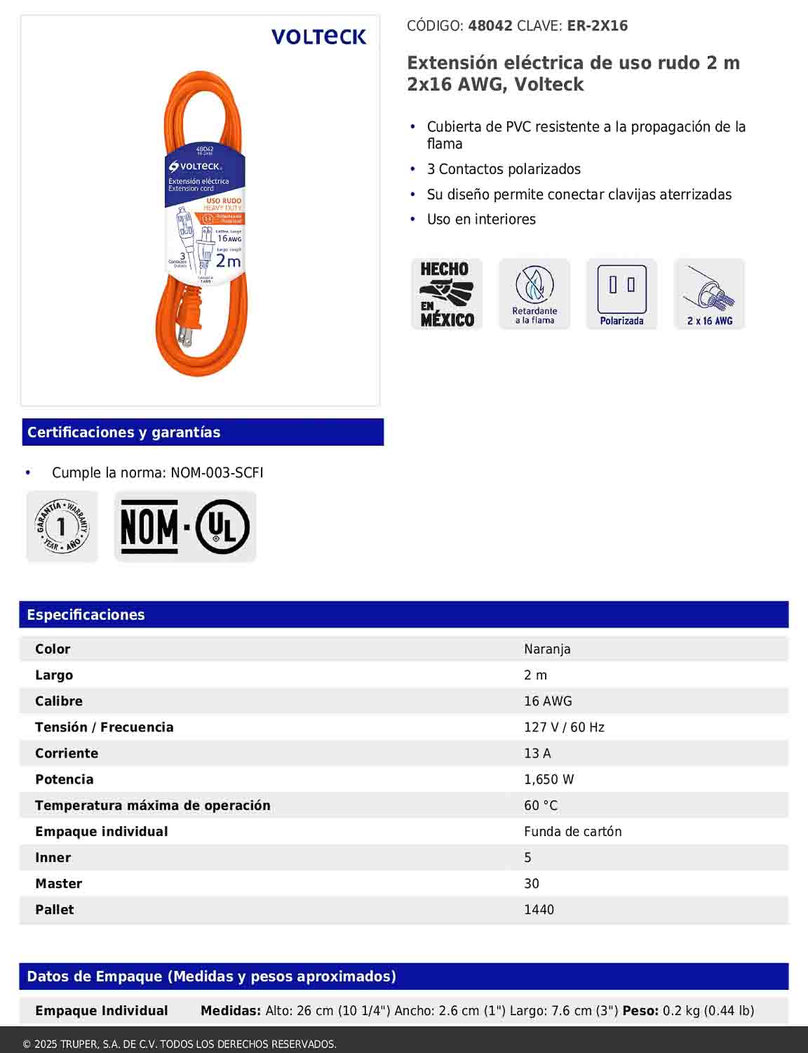 Extensión eléctrica de uso rudo de 2 m con calibre 2x16 AWG