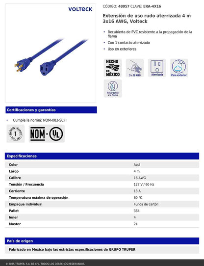 Extensión de uso rudo aterrizada 4 m 3x16 AWG