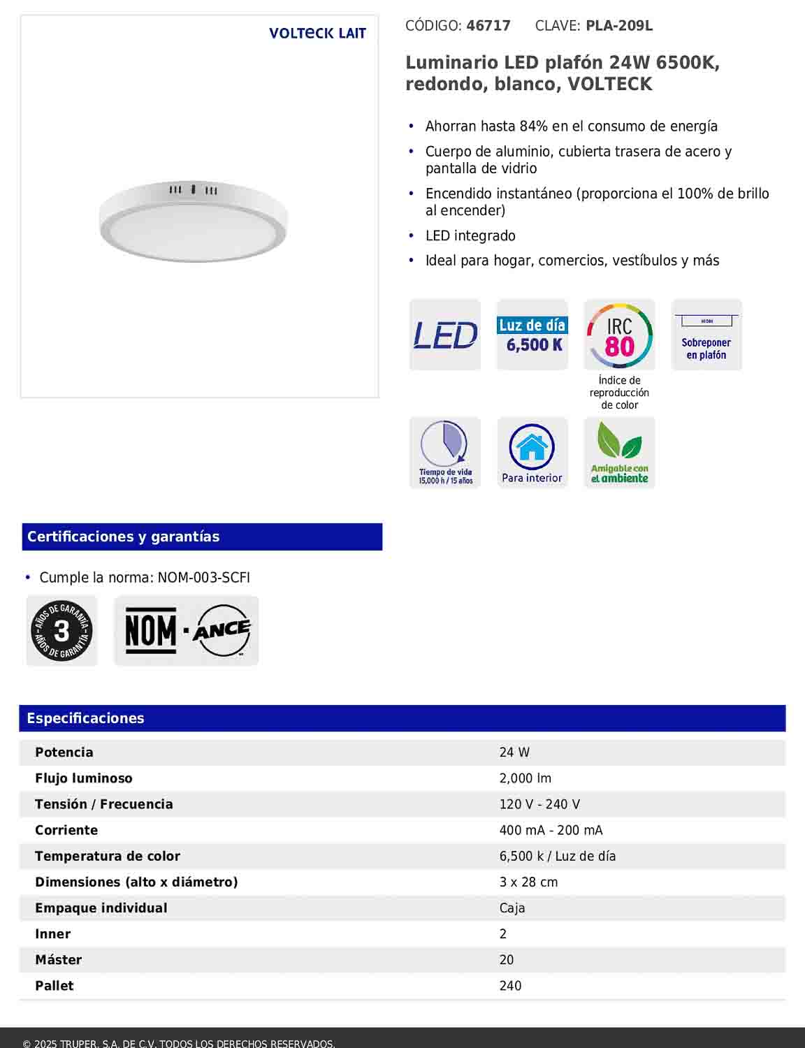 Luminario LED plafón de 24 W con luz de día redondo