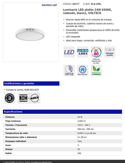 Luminario LED plafón de 24 W con luz de día redondo