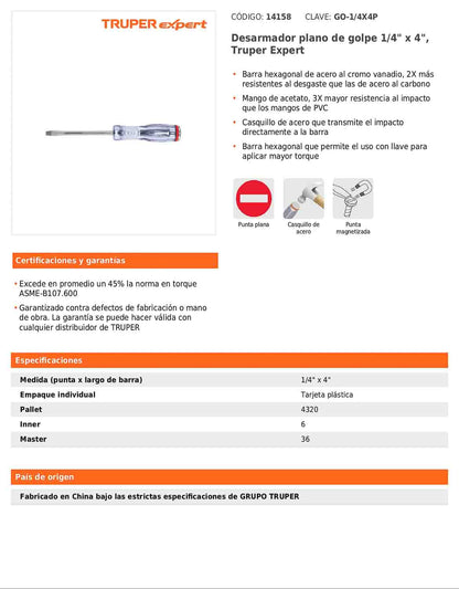 Desarmador plano de golpe de 1/4 x 4 con barra hexagonal