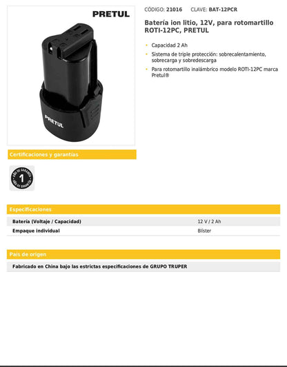 Batería de ion litio de 12 V con capacidad de 2 Ah