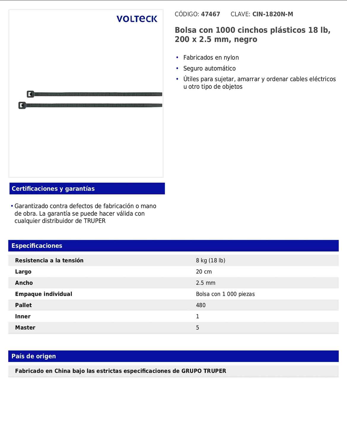 Bolsa con 1000 cinchos plásticos 18 lb de 200 x 2.5 mm negro