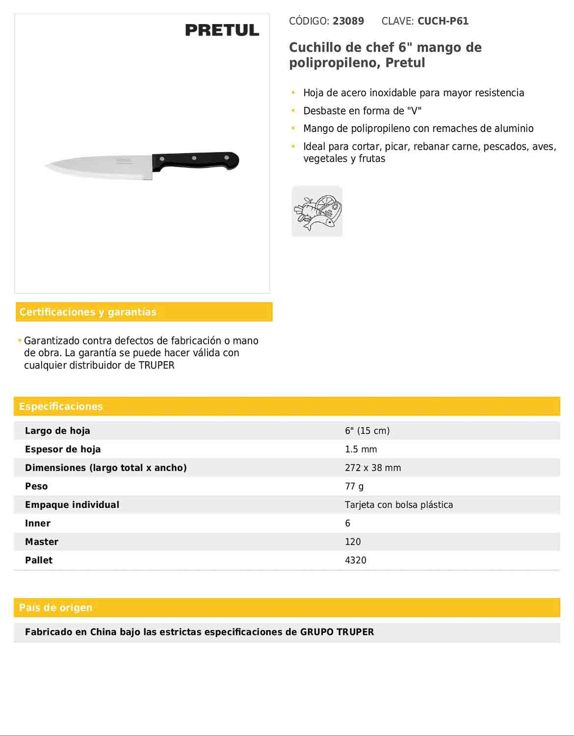 Cuchillo de chef de 6 pulgadas con mango de polipropileno