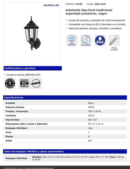 Arbotante tipo farol tradicional soportado para exterior color negro