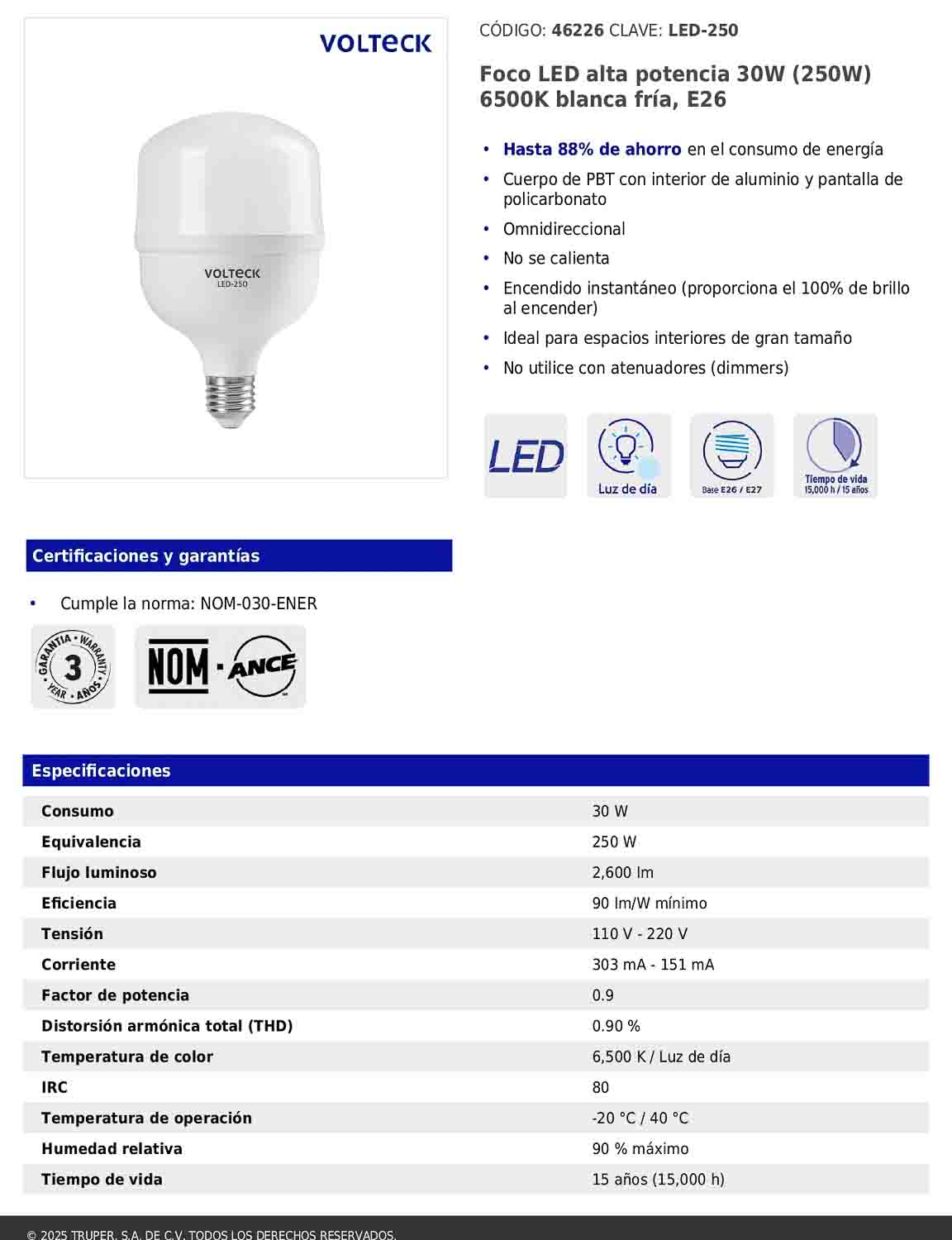 Foco LED de alta potencia de 30W con luz fría