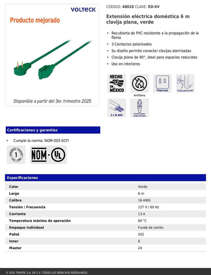 Extensión eléctrica doméstica de 6 m con clavija plana verde