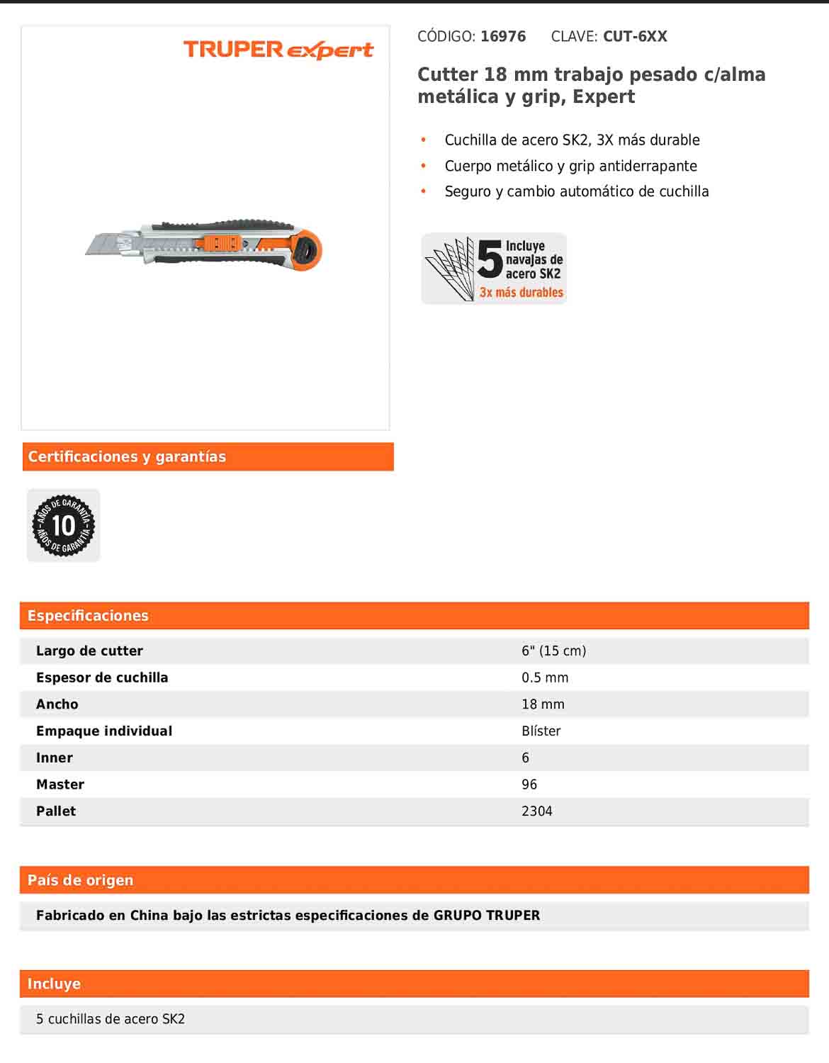 Cutter de 18 mm para trabajo pesado con alma metálica y grip