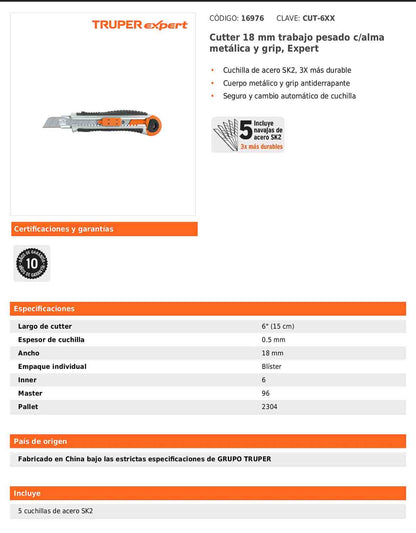 Cutter de 18 mm para trabajo pesado con alma metálica y grip