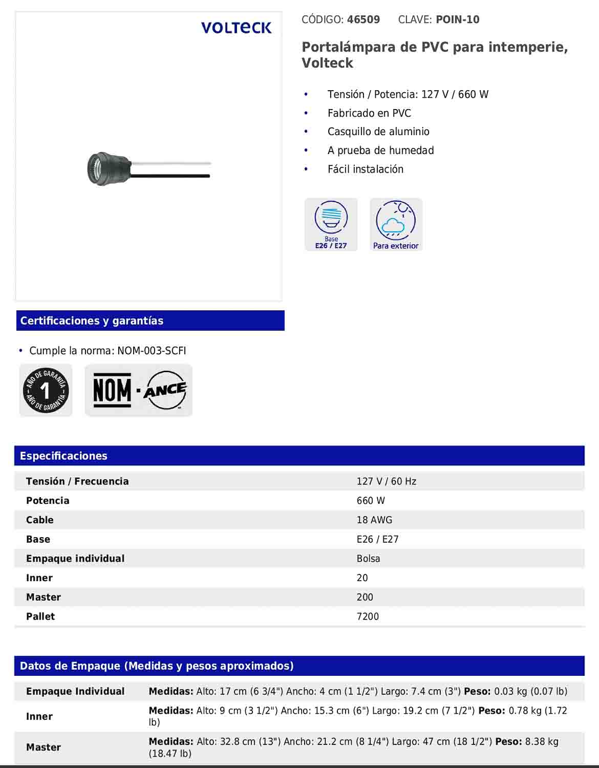 Portalámpara de PVC para intemperie de 127 V y 660 W
