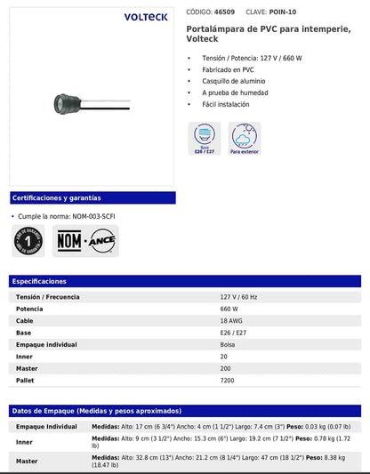 Portalámpara de PVC para intemperie de 127 V y 660 W