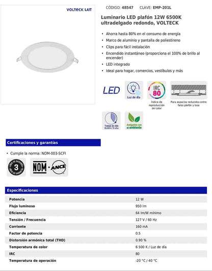 Luminario LED plafón de 12 W con luz de día ultradelgado redondo