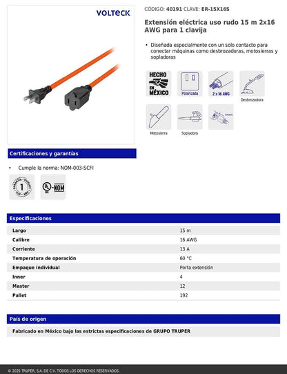 Extensión eléctrica de uso rudo de 15 m con calibre 2x16 AWG para una clavija