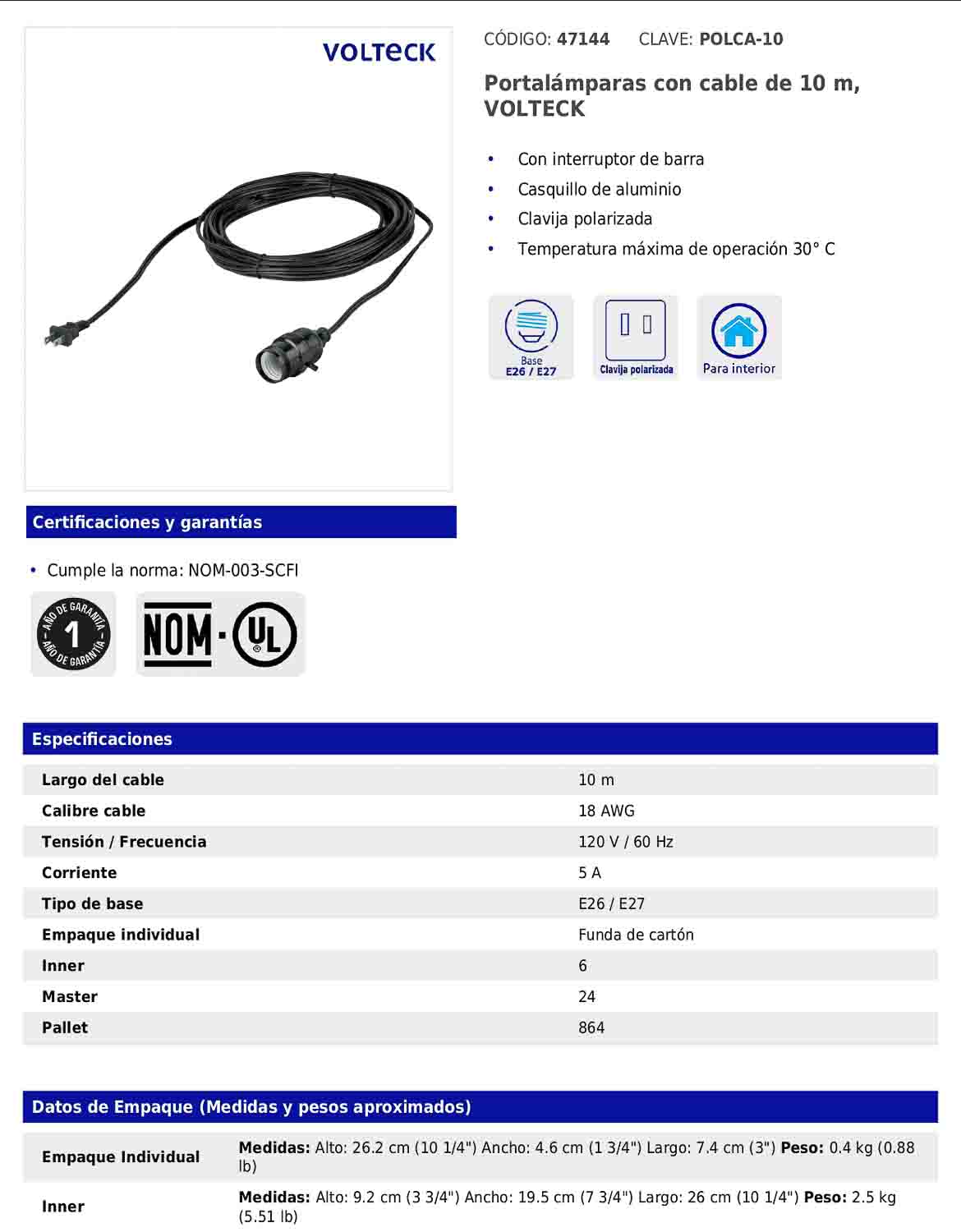 Portalámparas con cable de 10 m con interruptor de barra y clavija polarizada