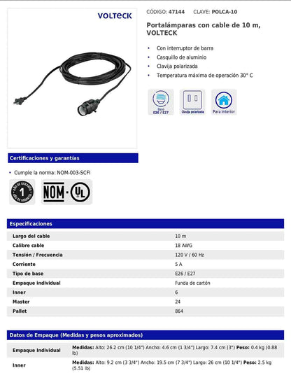Portalámparas con cable de 10 m con interruptor de barra y clavija polarizada