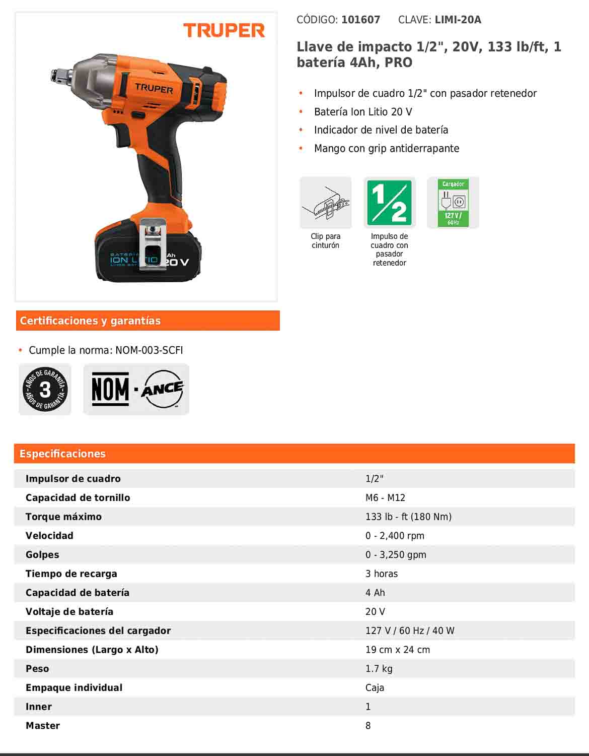 Llave de impacto inalámbrica de 1/2 in con batería 20 V y torque máximo de 180 Nm