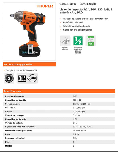 Llave de impacto inalámbrica de 1/2 in con batería 20 V y torque máximo de 180 Nm