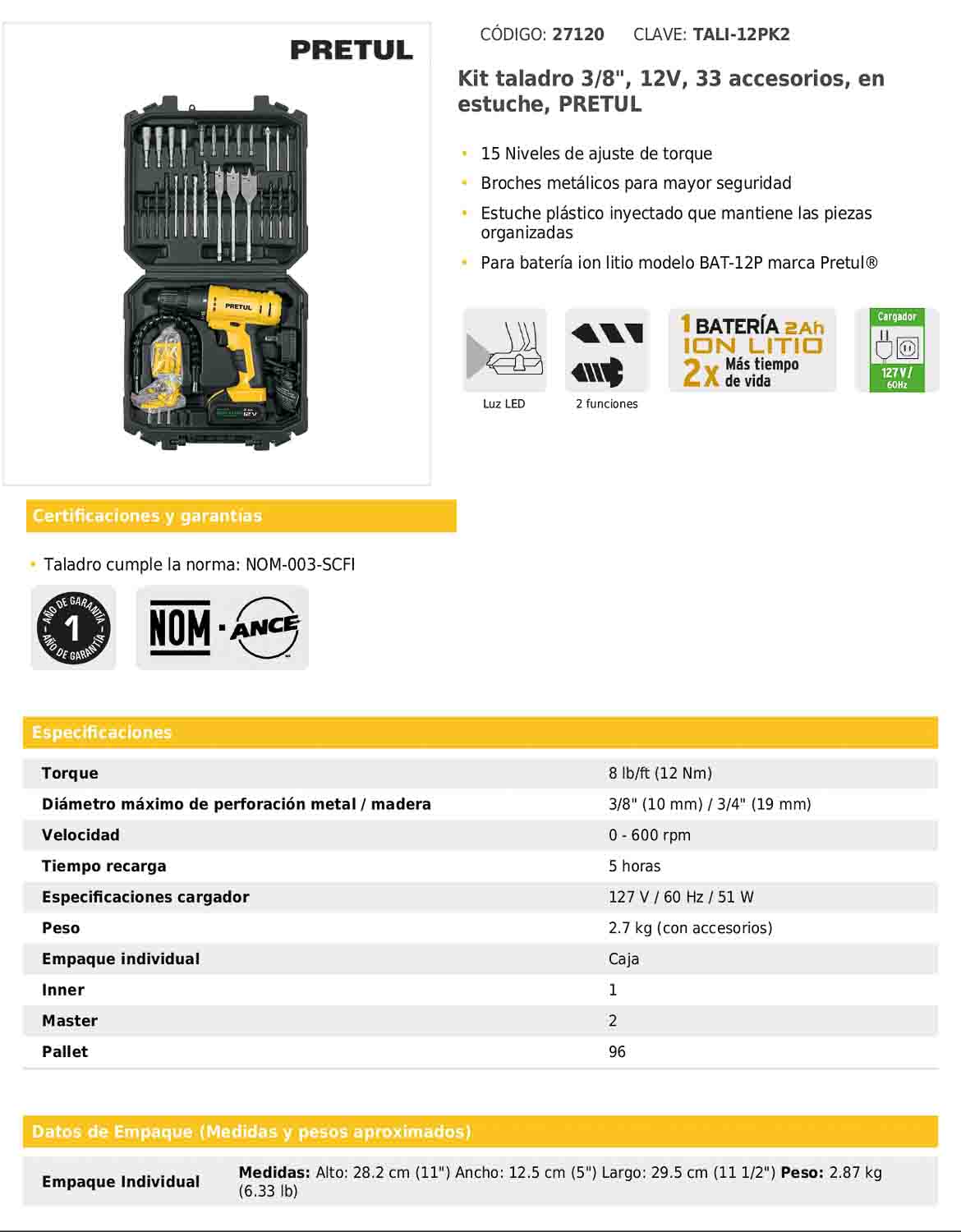 Kit de taladro inalámbrico de 3/8 in con batería 12 V y 33 accesorios