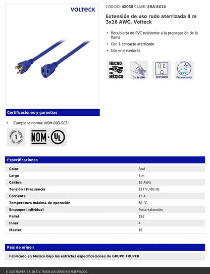Extensión de uso rudo aterrizada 8 m 3x16 AWG