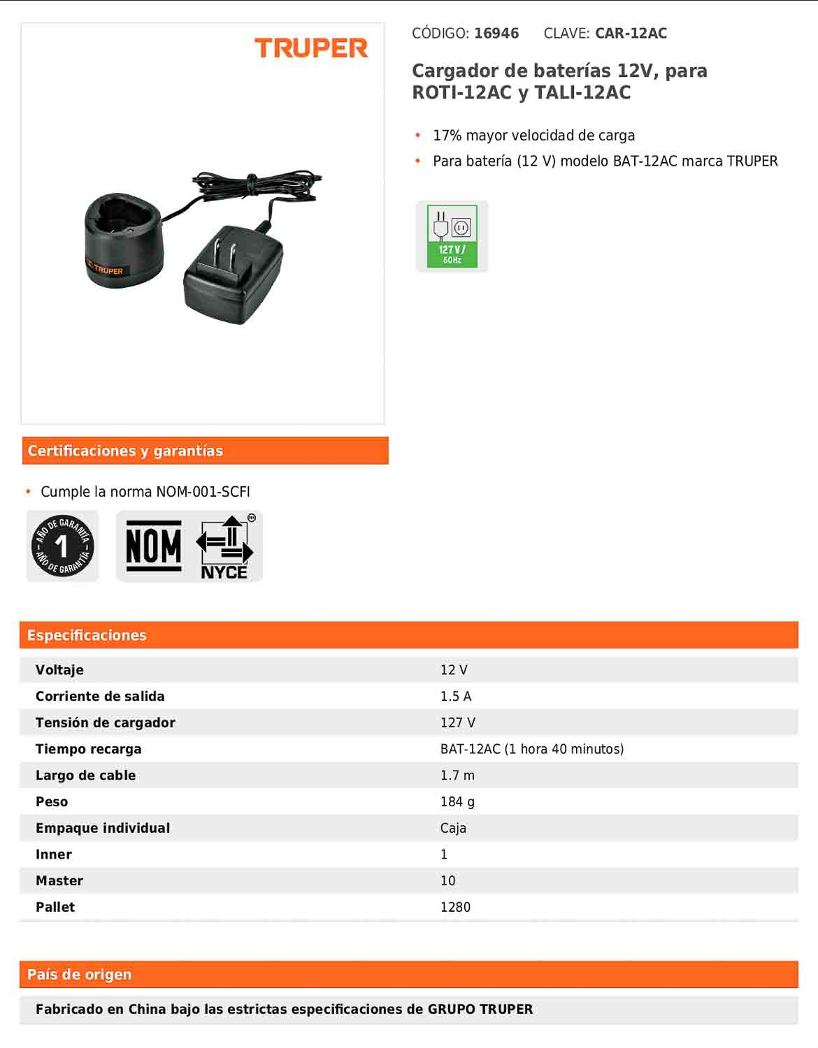 Cargador de baterías de 12 V para ROTI-12AC y TALI-12AC