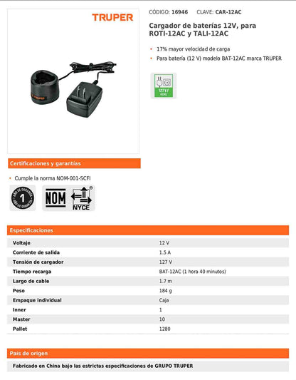 Cargador de baterías de 12 V para ROTI-12AC y TALI-12AC