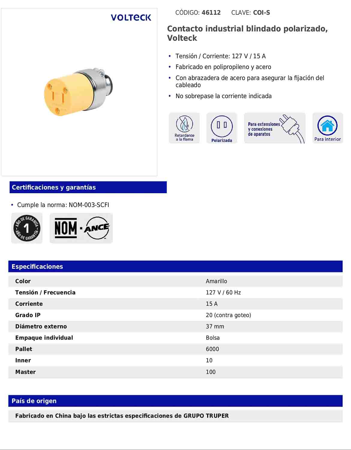 Contacto industrial blindado polarizado de 127 V y 15 A