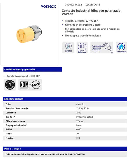Contacto industrial blindado polarizado de 127 V y 15 A