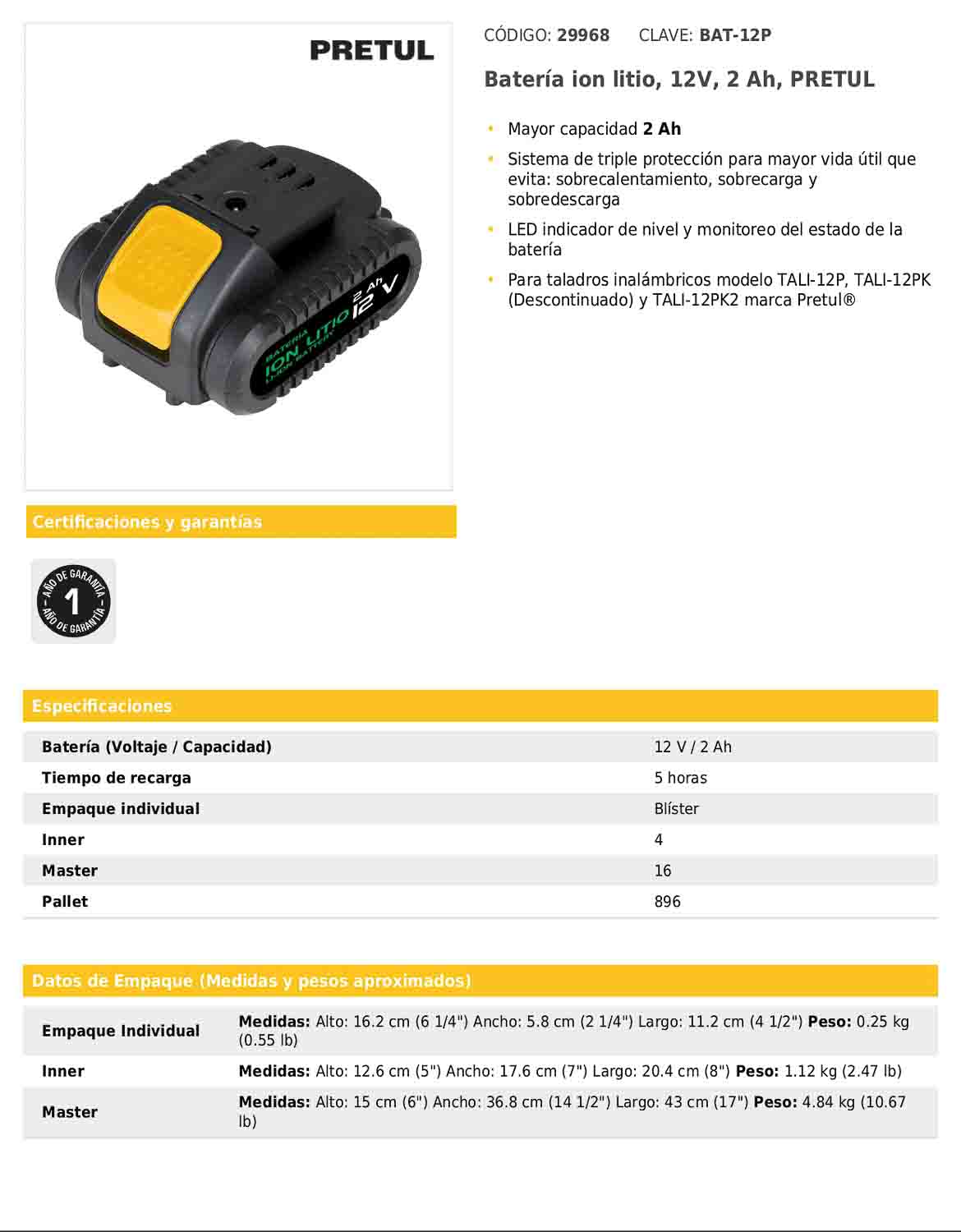 Batería de ion litio de 12 V con capacidad de 2 Ah