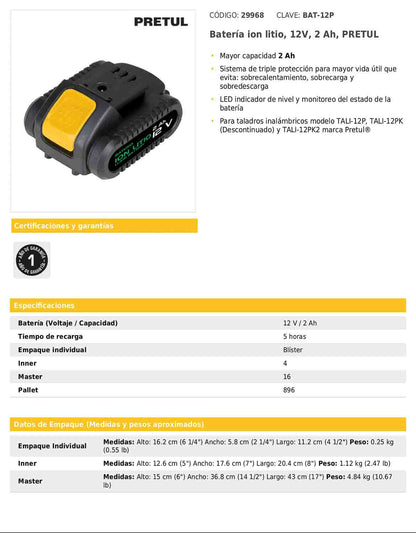 Batería de ion litio de 12 V con capacidad de 2 Ah