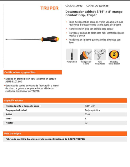Desarmador cabinet de 3/16 con barra de 20.32 cm y mango Comfort Grip