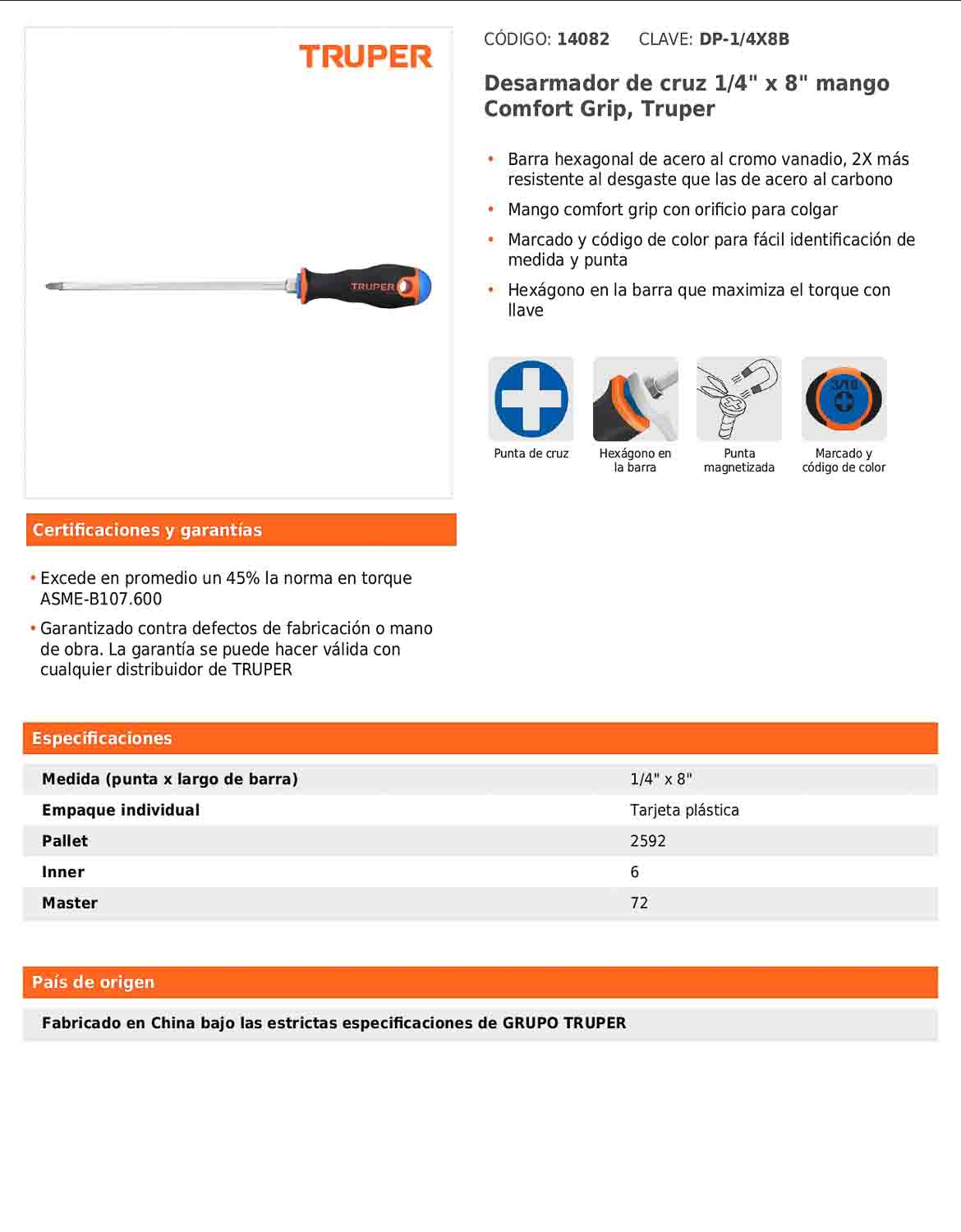Desarmador de cruz de 1/4 con barra de 20.32 cm y mango Comfort Grip