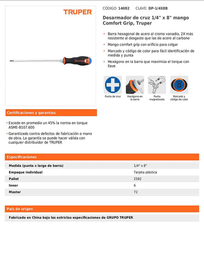 Desarmador de cruz de 1/4 con barra de 20.32 cm y mango Comfort Grip
